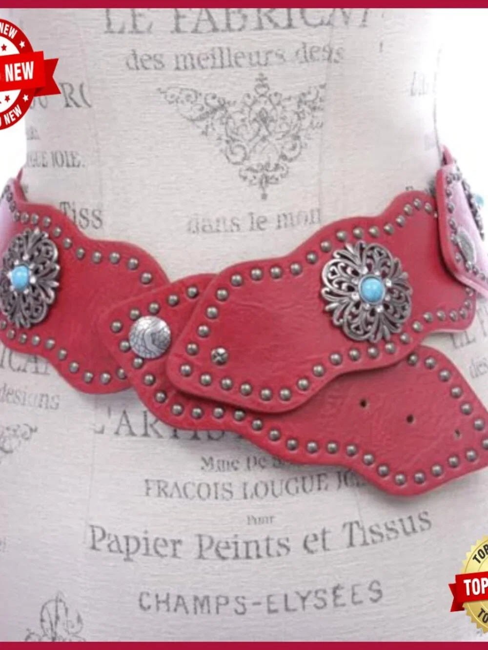 3" Wide Boho Link Leather Belt with Studs and Turquoise Conchos - Picture 3 of 3